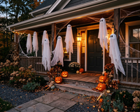 A Halloween-decorated front porch at dusk with white ghost decorations hanging from the porch ceiling and glowing jack-o-lanterns on the steps