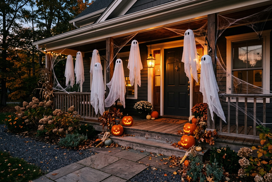 A Halloween-decorated front porch at dusk with white ghost decorations hanging from the porch ceiling and glowing jack-o-lanterns on the steps