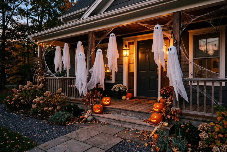 A Halloween-decorated front porch at dusk with white ghost decorations hanging from the porch ceiling and glowing jack-o-lanterns on the steps