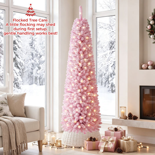Goplus Flocked Pencil Christmas Tree with 8 Modes Pre-Lit Artificial Fir Xmas Tree