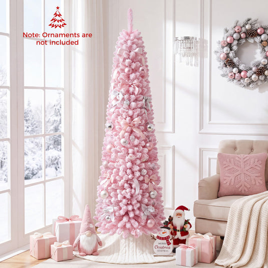 Goplus Flocked Pencil Christmas Tree with 8 Modes Pre-Lit Artificial Fir Xmas Tree
