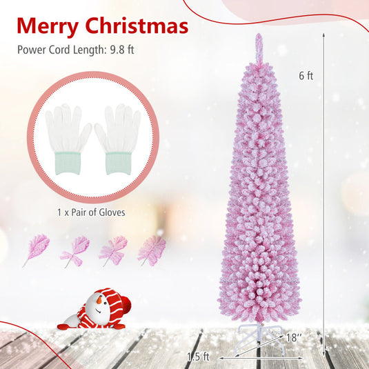 Goplus Flocked Pencil Christmas Tree with 8 Modes Pre-Lit Artificial Fir Xmas Tree