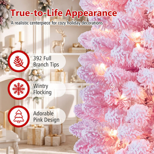 Goplus Flocked Pencil Christmas Tree with 8 Modes Pre-Lit Artificial Fir Xmas Tree