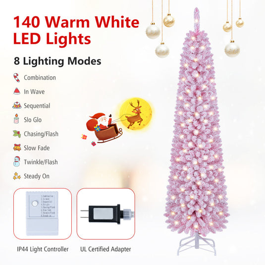 Goplus Flocked Pencil Christmas Tree with 8 Modes Pre-Lit Artificial Fir Xmas Tree