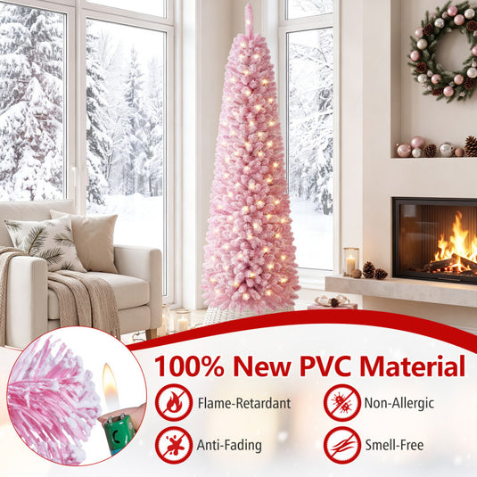 Goplus Flocked Pencil Christmas Tree with 8 Modes Pre-Lit Artificial Fir Xmas Tree