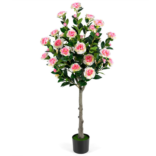 Goplus 50.5" Artificial Camellia Tree with 27 Camellia Blossoms | Realistic Fake Potted Floral Tree