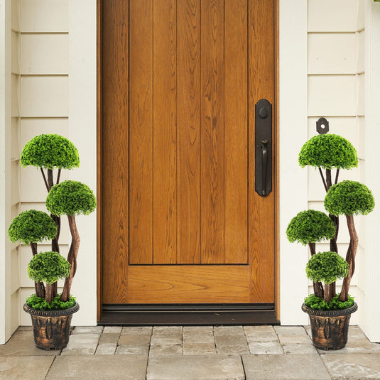 Goplus 3 FT Artificial Cypress Topiary Ball Tree Faux Greenery Plant with Cement-Filled Planter (1/2 Pack)
