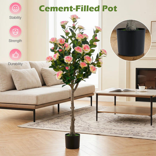 Goplus 50.5" Artificial Camellia Tree with 27 Camellia Blossoms | Realistic Fake Potted Floral Tree