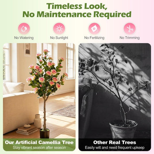 Goplus 50.5" Artificial Camellia Tree with 27 Camellia Blossoms | Realistic Fake Potted Floral Tree