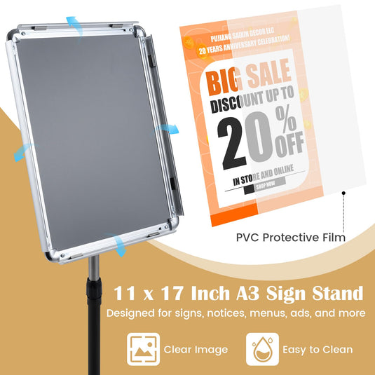 Goplus 11 x 17 Inch Height Adjustable Floor Standing Poster Stand with Snap-Open Frame & 360° Rotation
