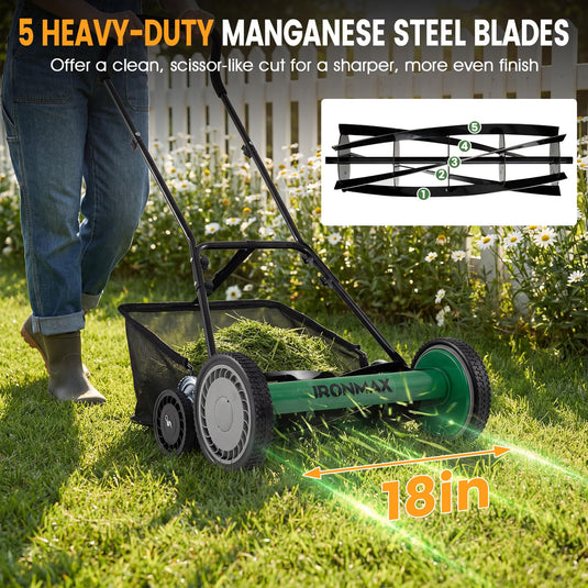 Goplus 18 Inch Push Reel Lawn Mower 5-Blade Manganese Steel Manual Grass Cutter