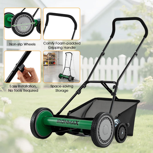 Goplus 18 Inch Push Reel Lawn Mower 5-Blade Manganese Steel Manual Grass Cutter