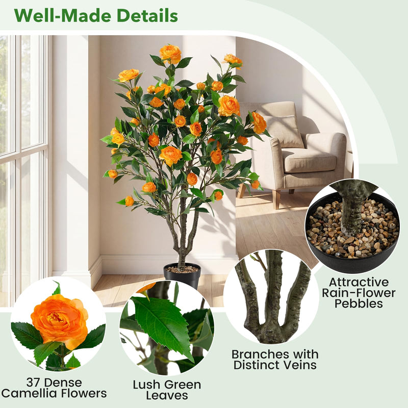 Load image into Gallery viewer, Goplus 40" Artificial Camellia Tree Faux Camellia Potted Plant in Cement-Filled Pot (1/2 Pack)

