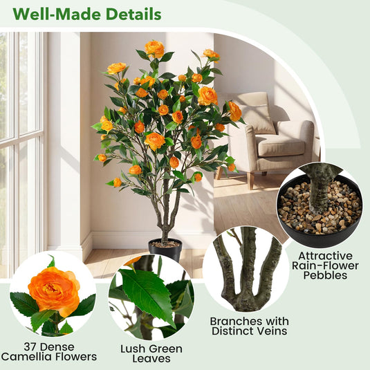 Goplus 40" Artificial Camellia Tree Faux Camellia Potted Plant in Cement-Filled Pot (1/2 Pack)
