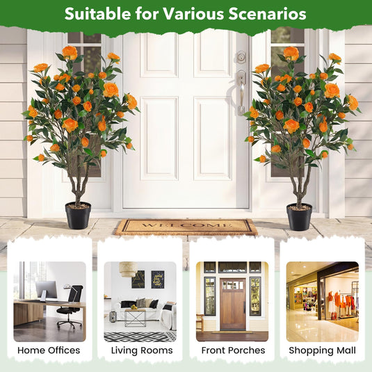 Goplus 40" Artificial Camellia Tree Faux Camellia Potted Plant in Cement-Filled Pot (1/2 Pack)