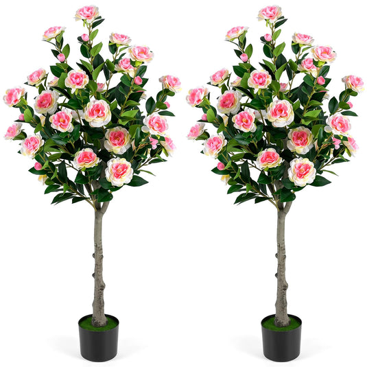 Goplus 50.5" Artificial Camellia Tree with 27 Camellia Blossoms | Realistic Fake Potted Floral Tree