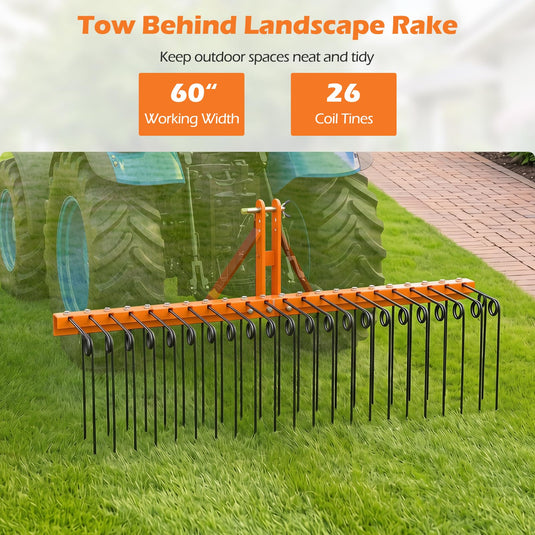 Goplus 60" Pine Straw Rake Tow Behind Landscape Rake with 26 Metal Coil Tines for Leaves Grass