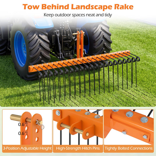 Goplus 60" Pine Straw Rake Tow Behind Landscape Rake with 26 Metal Coil Tines for Leaves Grass