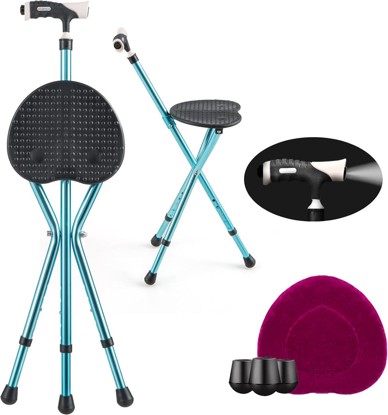 Load image into Gallery viewer, Adjustable Folding Cane Seat, Aluminum Alloy Crutch Chair with LED Light and Retractable 3 Legs
