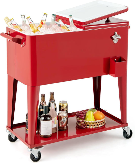 Goplus 80-Quart Rolling Ice Chest Outdoor Cooler Cart with Wheels and Stoage Shelf