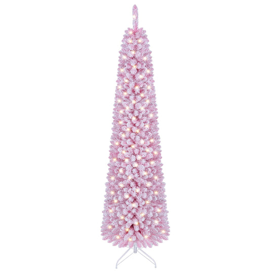 Goplus Flocked Pencil Christmas Tree with 8 Modes Pre-Lit Artificial Fir Xmas Tree