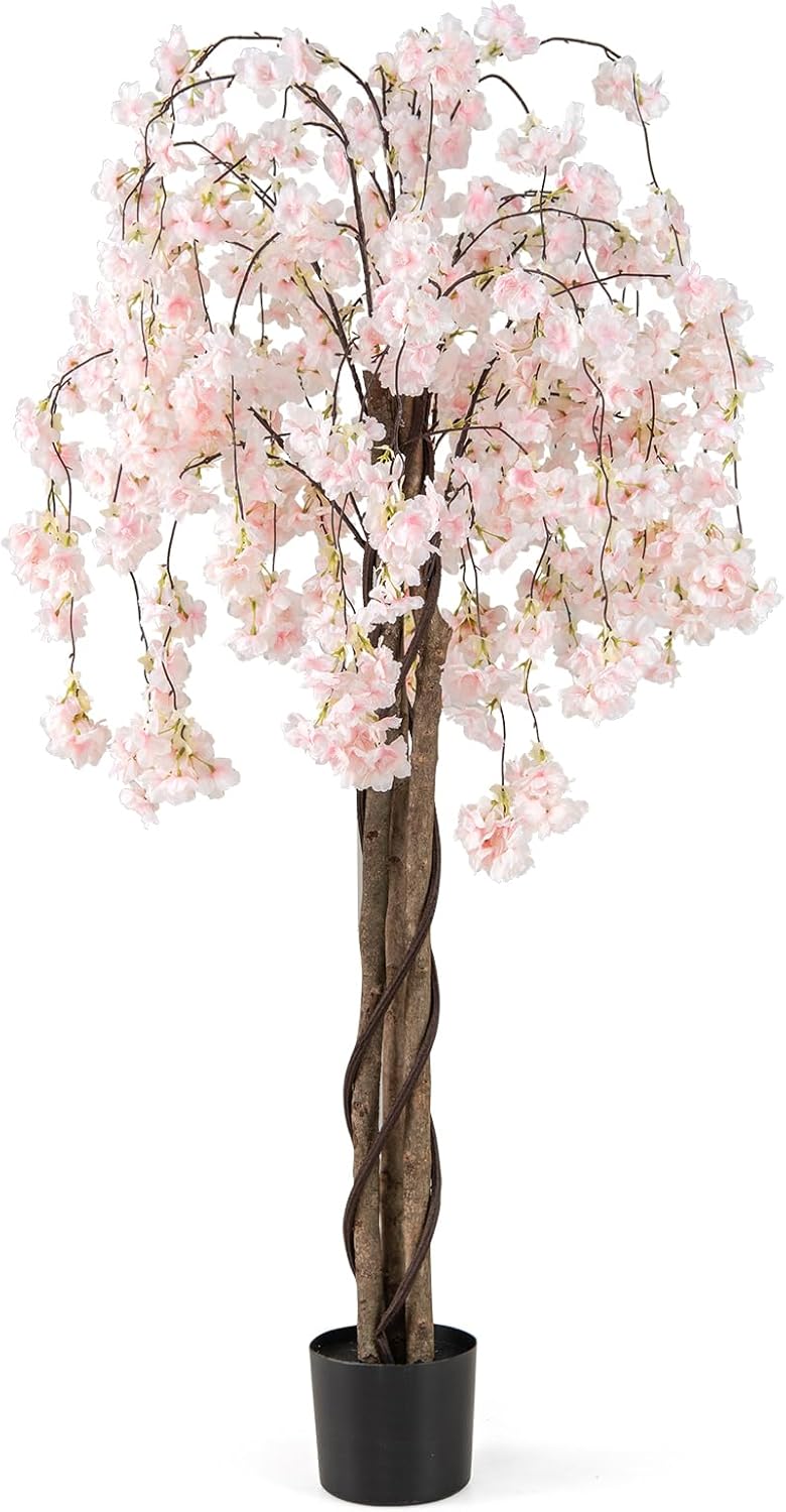 Load image into Gallery viewer, Goplus 5.5FT Artificial Cherry Blossom Tree Faux Floral Plant Blooming Tree in Nursery Pot
