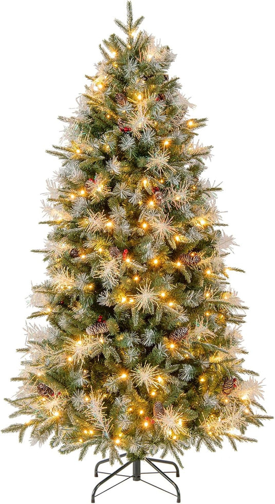 Goplus 5FT / 6FT / 7FT Pre-Lit Artificial Christmas Tree with LED Lights Pine Cones Berries