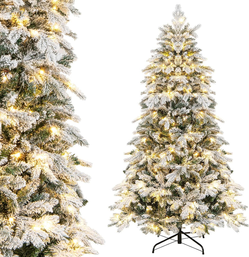 Load image into Gallery viewer, Goplus Pre-Lit Snow Flocked Christmas Tree, Artificial Hinged Xmas Tree with Branch Tips, PE &amp; PVC Mixed Leaves
