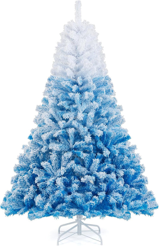 Goplus Snow Flocked Christmas Tree with Lush Branch Tips & Foldable Metal Stan ( Blue Gradient & White )