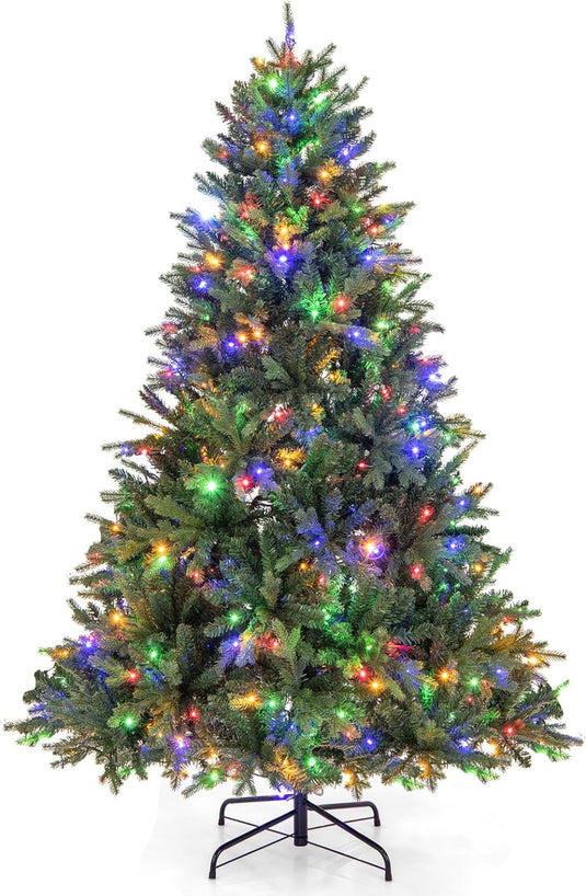 Goplus Pre-Lit Artificial Christmas Tree, Hinged Xmas Tree with Warm-White & Multi-Color LED Lights