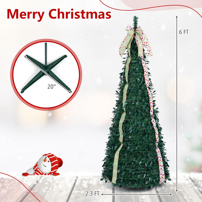 Load image into Gallery viewer, Goplus 6ft/7ft Pop Up Christmas Tree | Pre-Decorated Xmas Tree with 4 Festive Satin Ribbons &amp; Top Christmas Bow
