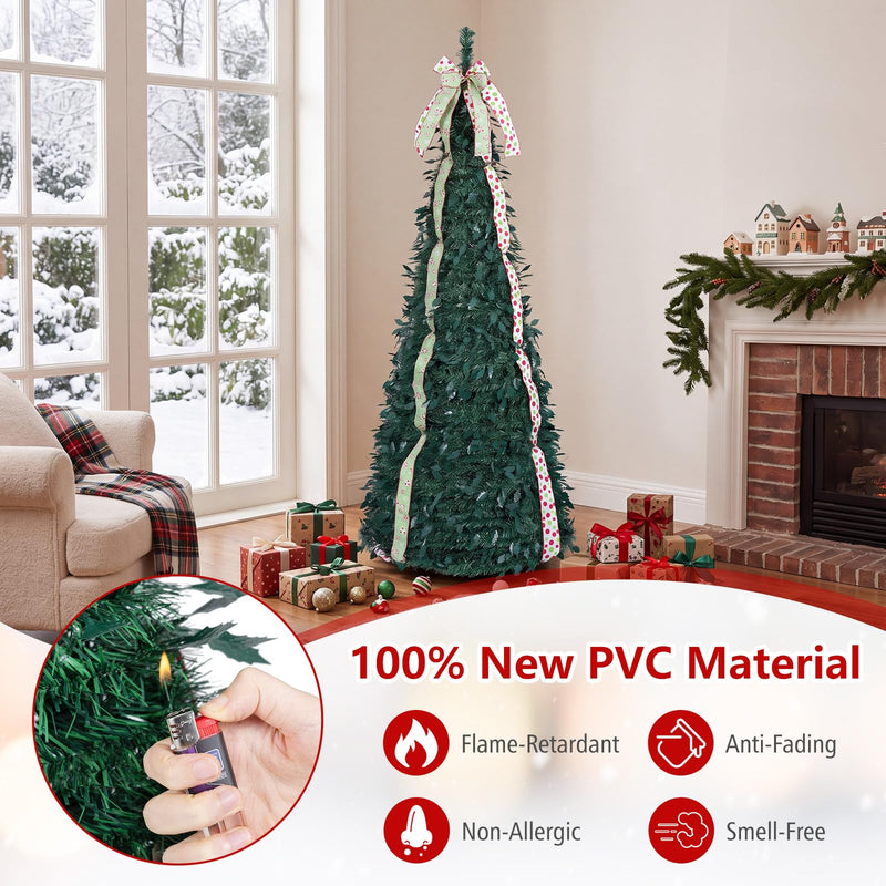 Load image into Gallery viewer, Goplus 6ft/7ft Pop Up Christmas Tree | Pre-Decorated Xmas Tree with 4 Festive Satin Ribbons &amp; Top Christmas Bow
