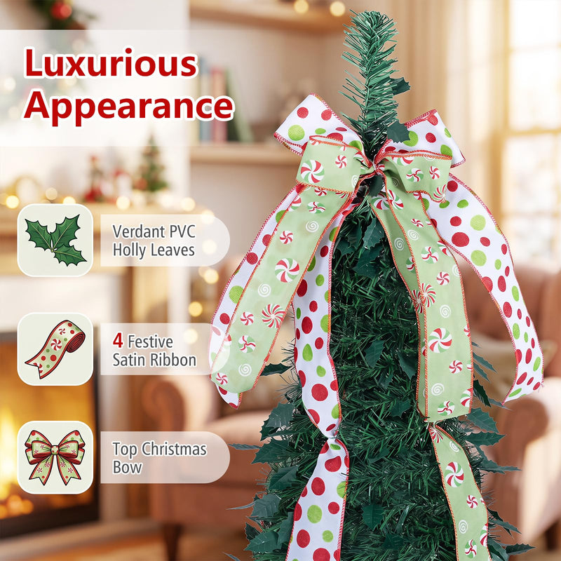 Load image into Gallery viewer, Goplus 6ft/7ft Pop Up Christmas Tree | Pre-Decorated Xmas Tree with 4 Festive Satin Ribbons &amp; Top Christmas Bow
