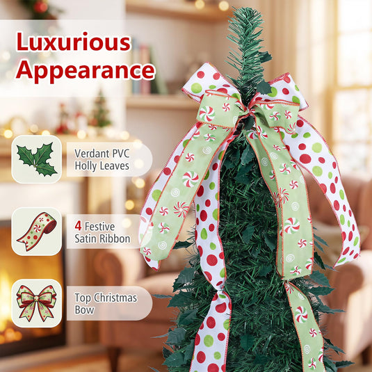 Goplus 6ft/7ft Pop Up Christmas Tree | Pre-Decorated Xmas Tree with 4 Festive Satin Ribbons & Top Christmas Bow