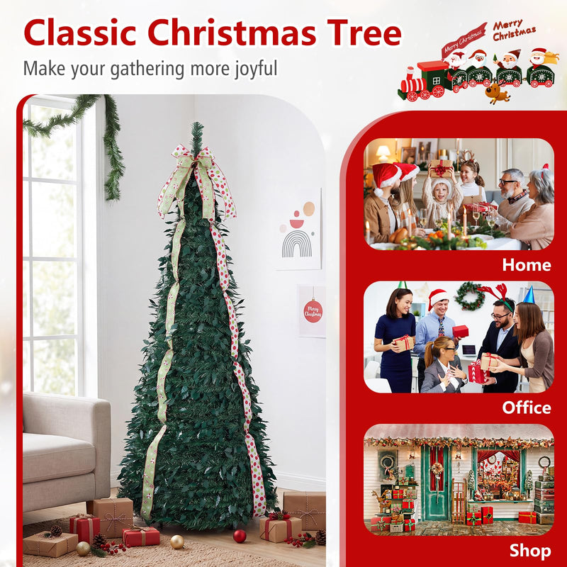 Load image into Gallery viewer, Goplus 6ft/7ft Pop Up Christmas Tree | Pre-Decorated Xmas Tree with 4 Festive Satin Ribbons &amp; Top Christmas Bow
