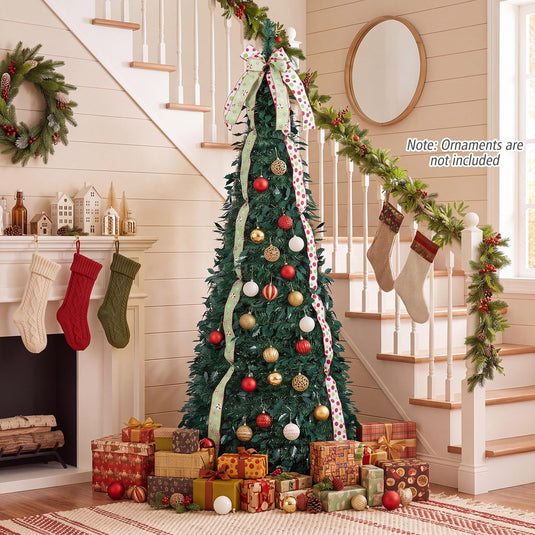 Goplus 6ft/7ft Pop Up Christmas Tree | Pre-Decorated Xmas Tree with 4 Festive Satin Ribbons & Top Christmas Bow
