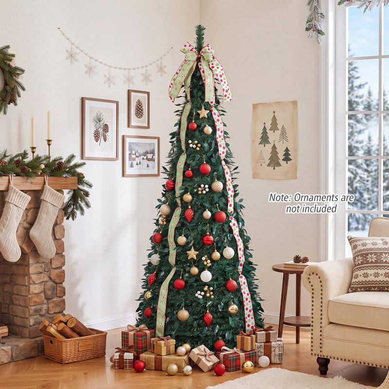 Load image into Gallery viewer, Goplus 6ft/7ft Pop Up Christmas Tree | Pre-Decorated Xmas Tree with 4 Festive Satin Ribbons &amp; Top Christmas Bow
