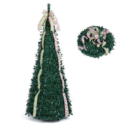 Goplus 6ft/7ft Pop Up Christmas Tree | Pre-Decorated Xmas Tree with 4 Festive Satin Ribbons & Top Christmas Bow