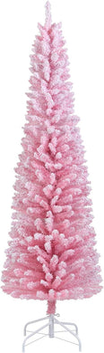 Goplus 5ft / 6ft Pink Slim Pencil Christmas Tree | Snow Flocked Skinny Xmas Full Tree