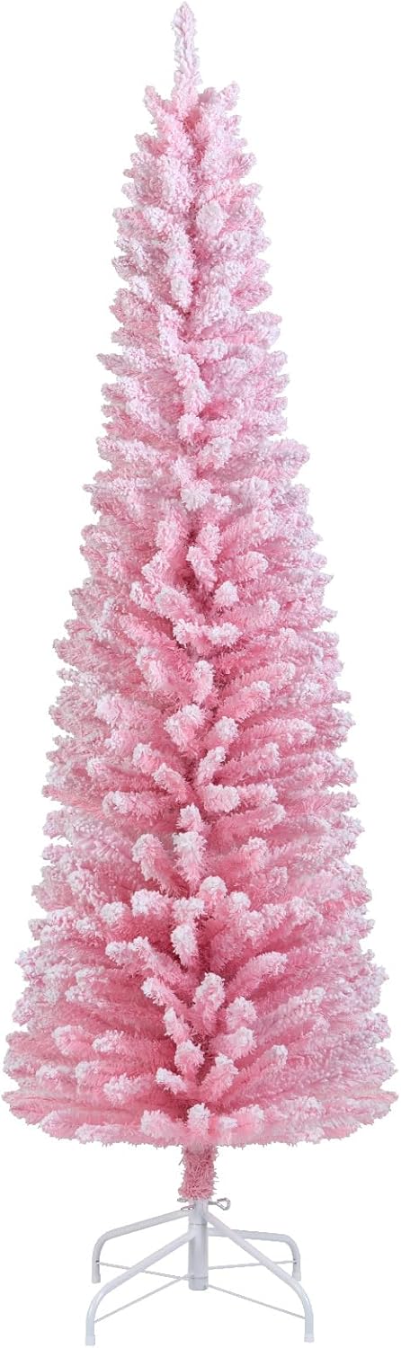 Goplus 5ft / 6ft Pink Slim Pencil Christmas Tree | Snow Flocked Skinny Xmas Full Tree