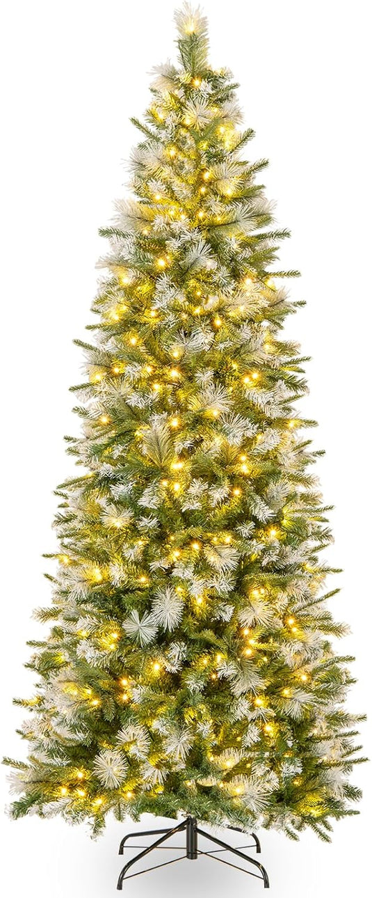 Goplus 6ft / 7.5ft / 9ft Pre-Lit Pencil Christmas Tree with Flocked Frosted Tips & LED Lights