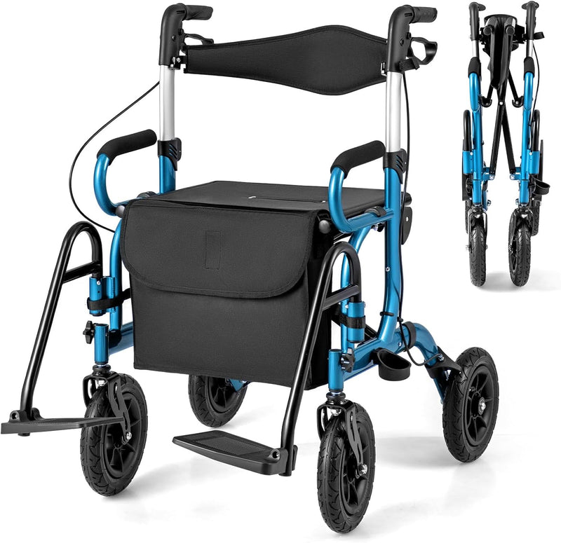 Load image into Gallery viewer, 2 in 1 Folding Rolling Rollator Walker &amp; Wheelchair Combo with Brakes
