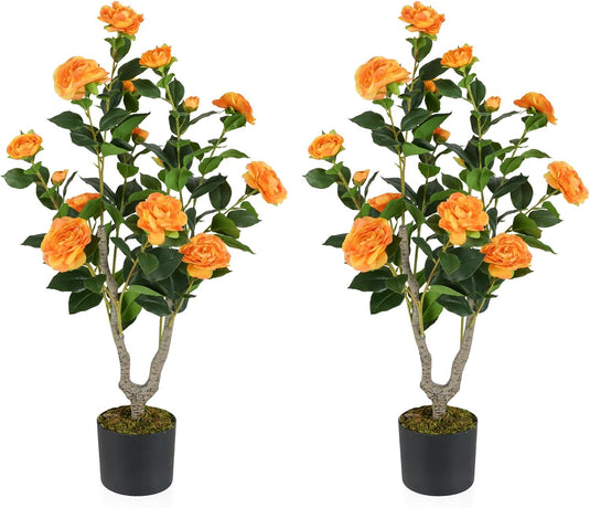 Goplus 36’’ Artificial Camellia Tree Faux Floral Plant Blooming Tree in Nursery Pot