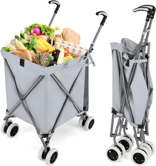 Goplus Folding Shopping Cart with Wheels, Grocery Cart with Removable Oxford Cloth Liner