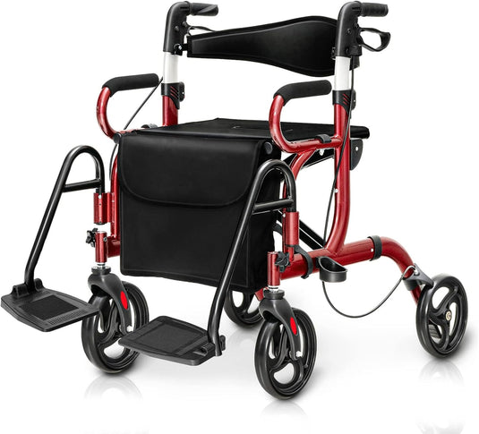 Goplus 2 in 1 Rollator Walker for Seniors Folding Transport Wheelchair Rollator with 8" Wheels