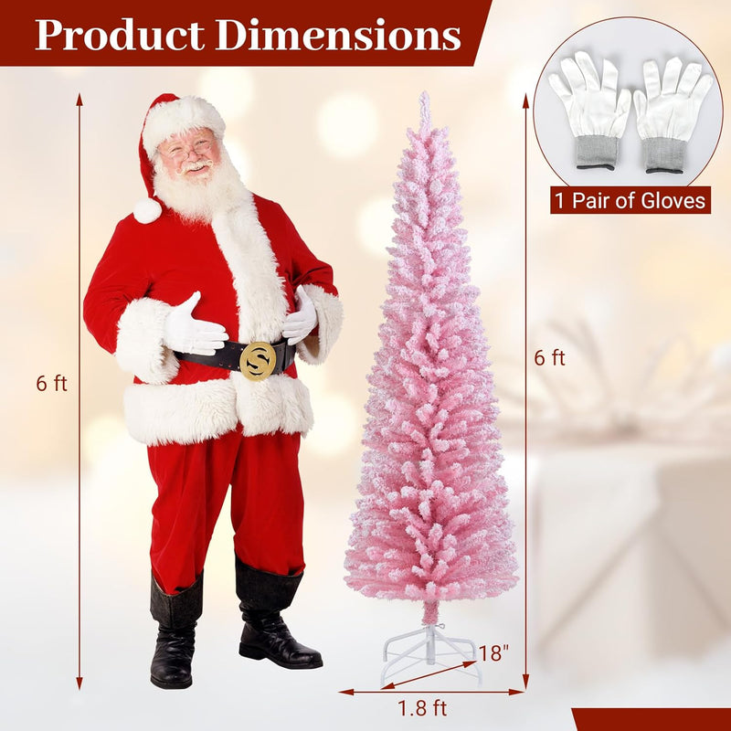 Load image into Gallery viewer, Goplus 5ft / 6ft Pink Slim Pencil Christmas Tree | Snow Flocked Skinny Xmas Full Tree
