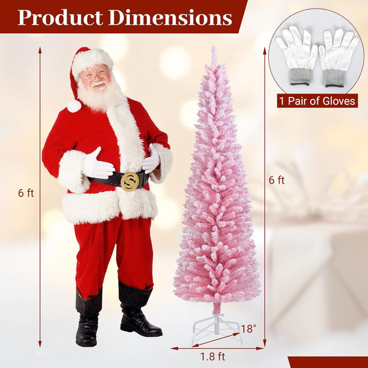 Goplus 5ft / 6ft Pink Slim Pencil Christmas Tree | Snow Flocked Skinny Xmas Full Tree