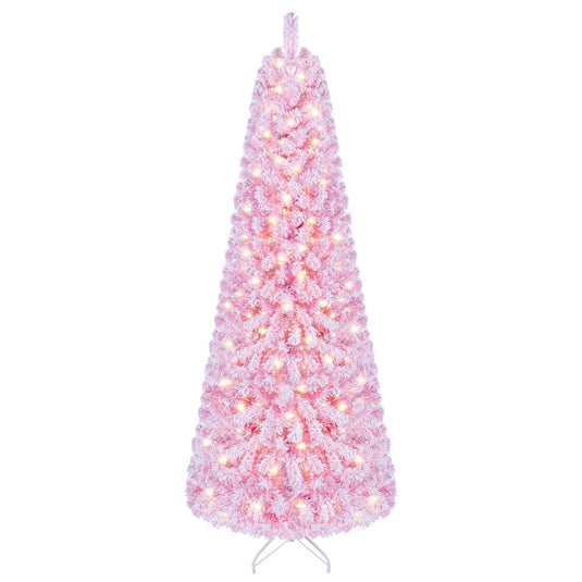 Goplus 5ft/6ft/7ft Pink Pre-Lit Flocked Christmas Trees | Hinged Artificial Xmas Tree