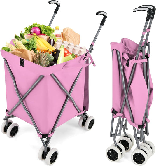 Goplus Folding Shopping Cart with Wheels, Grocery Cart with Removable Oxford Cloth Liner