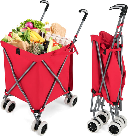 Goplus Folding Shopping Cart with Wheels, Grocery Cart with Removable Oxford Cloth Liner